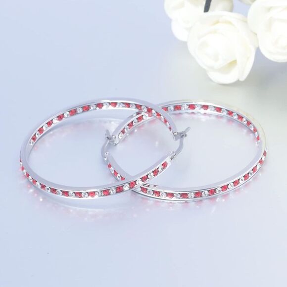 14K White Gold with Ruby Red and White Diamond Cubic Zirconia Big Hoop Earrings - Picture 3 of 5